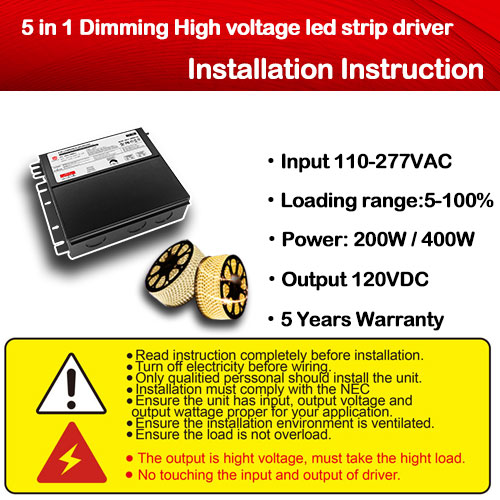 Dimmeraggio 5 in 1 Istruzioni per l'installazione del driver J-box LED dimmerabile per strisce LED ad alta tensione
        